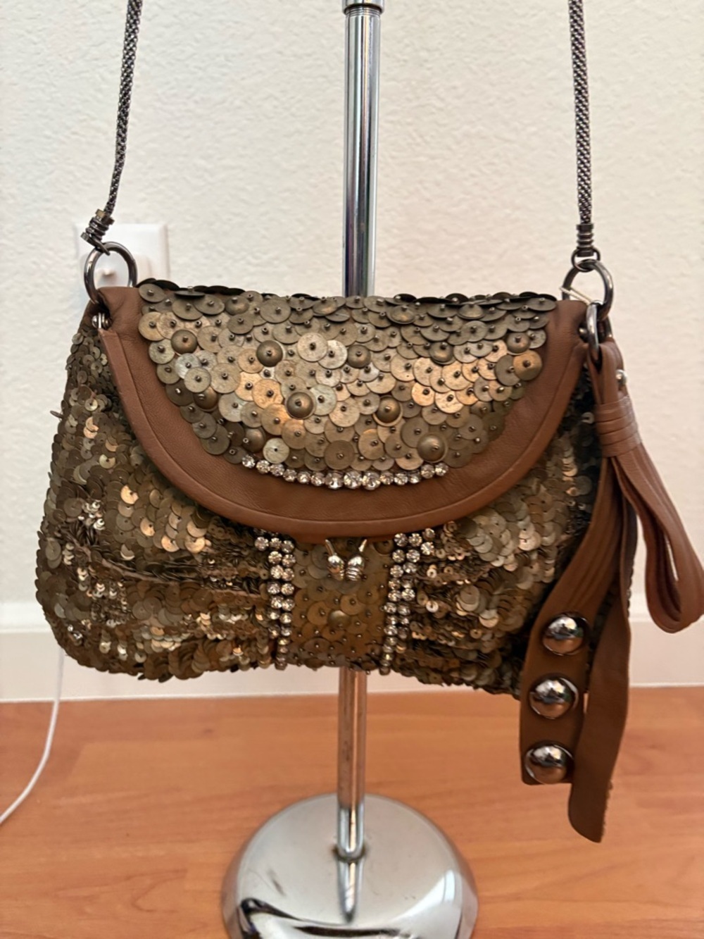 Olive Sequin Crossbody Bag with Brown Trim